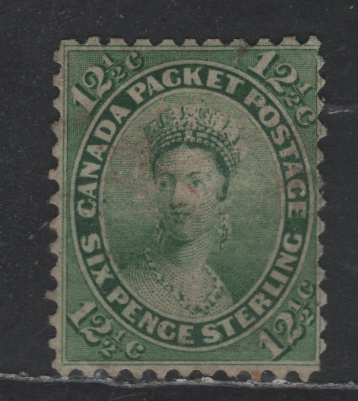 Lot 31 Canada SC#18 12.5c Yellow Green Queen Victoria, 1859-1864 First Cents Issue, A Fine Used Single, Perf 12x11.75