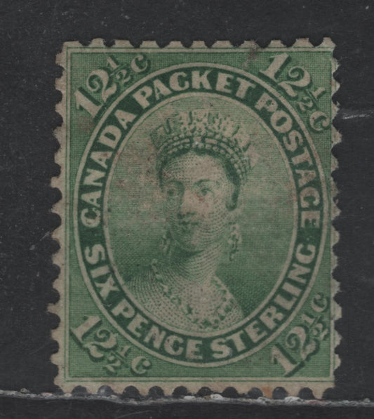 Lot 31 Canada SC#18 12.5c Yellow Green Queen Victoria, 1859-1864 First Cents Issue, A Fine Used Single, Perf 12x11.75