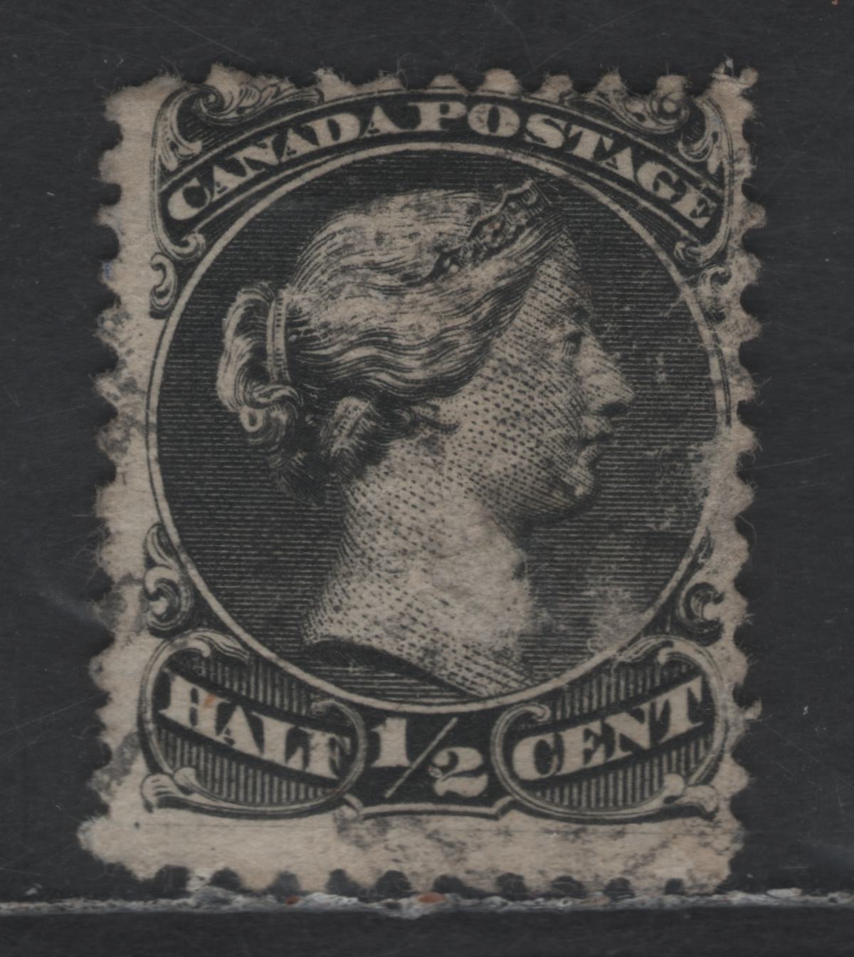 Lot 32 Canada SC#21 1/2c Black Queen Victoria, 1868-1876 Large Queen Issue, A Very Good Used Single, Perf 12, Duckworth Paper 3 (FO-L), Some Surface Abraisions