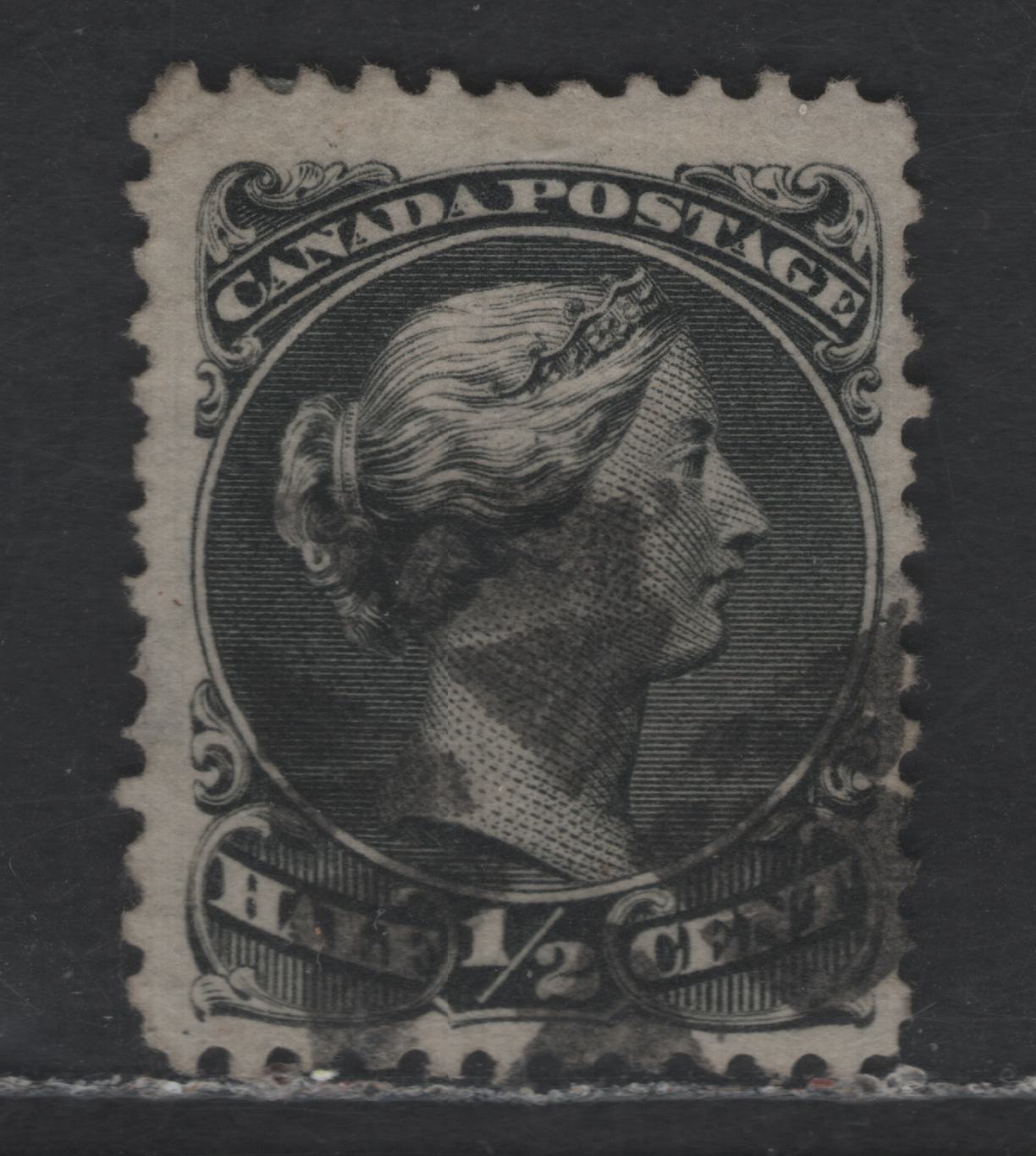 Lot 33 Canada SC#21 1/2c Black Queen Victoria, 1868-1876 Large Queen Issue, A Fine Used Single, Perf 12, Duckworth Paper 4 (FO-M)