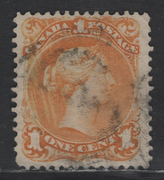 Lot 35 Canada SC#23 1c Yellow Ochre Queen Victoria, 1868-1876 Large Queen Issue, A Very Good Used Single, Duckworth Paper 10 (Type FO-D), Light Diagonal Crease & Small Corner Crease At UR, 2 Ring Numeral Cancel