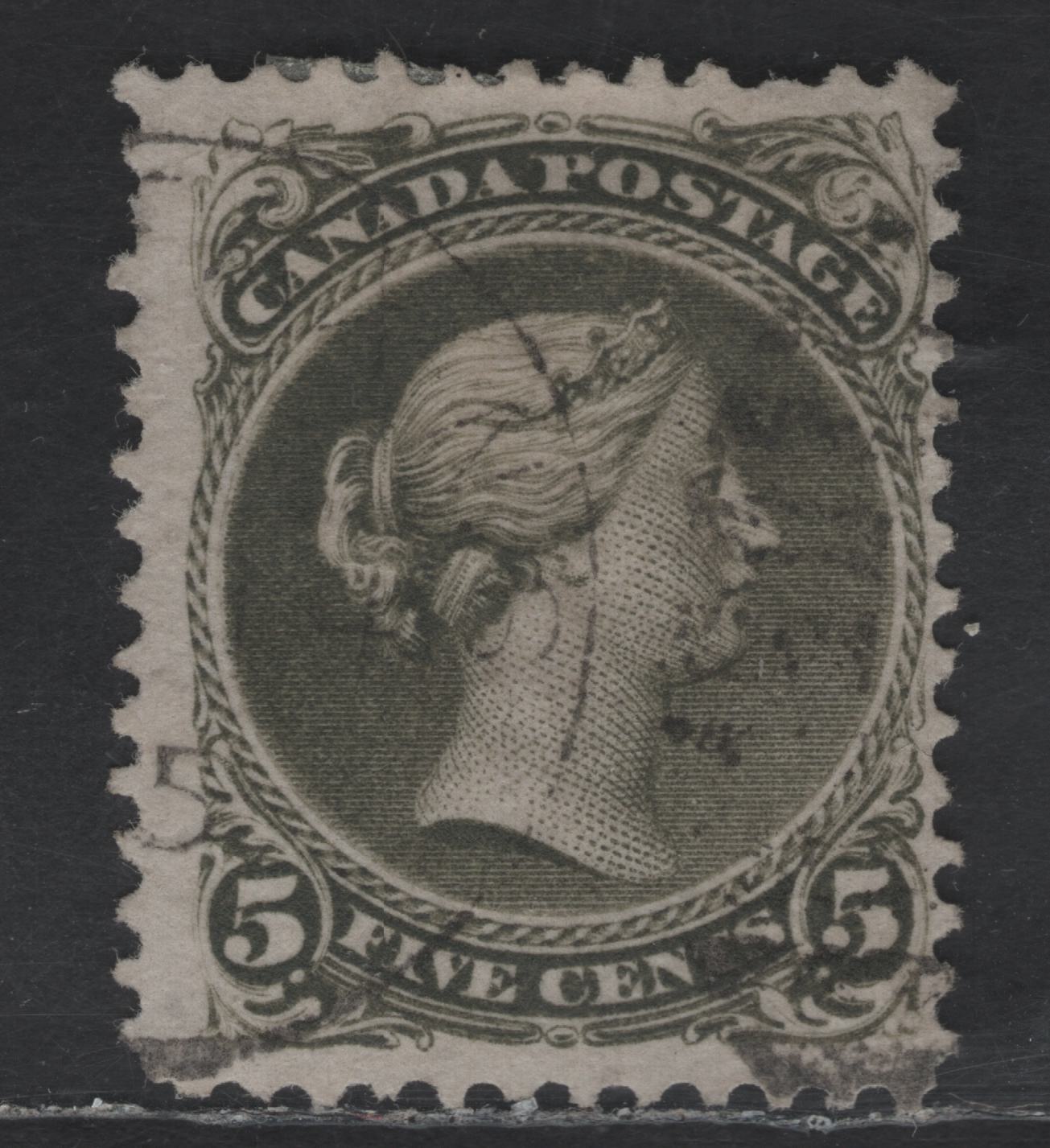 Lot 38 Canada SC#26v 5c Olive Green Queen Victoria, 1868-1876 Large Queen Issue, A Fine Used Single, Mid Montreal Printing, Paper MM-I, Scarce Horizontal Mesh, Perf 11.75x12