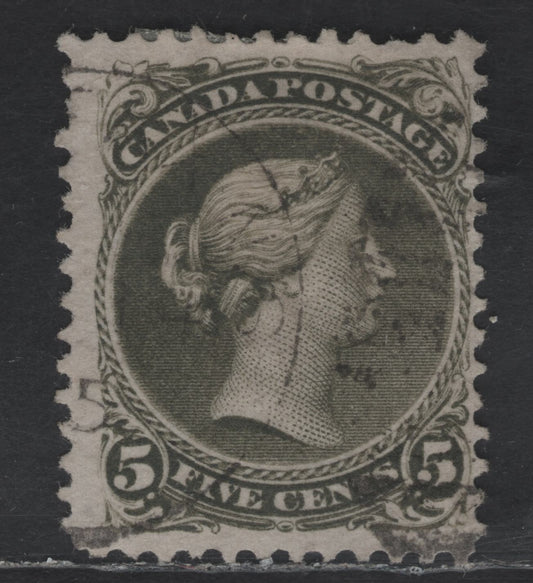 Lot 38 Canada SC#26v 5c Olive Green Queen Victoria, 1868-1876 Large Queen Issue, A Fine Used Single, Mid Montreal Printing, Paper MM-I, Scarce Horizontal Mesh, Perf 11.75x12