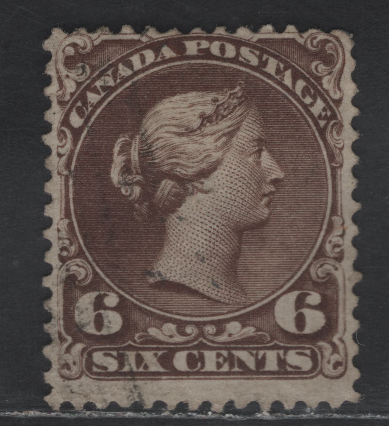 Lot 39 Canada SC#27 6c Dark Brown - Deep Red Queen Victoria, 1868-1876 Large Queen Issue, A Fine Used Single, Plate 1 Printing, Paper FO-M