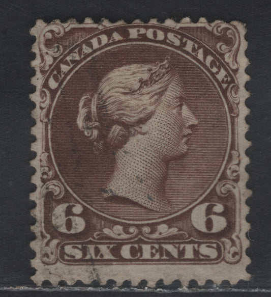 Lot 39 Canada SC#27 6c Dark Brown - Deep Red Queen Victoria, 1868-1876 Large Queen Issue, A Fine Used Single, Plate 1 Printing, Paper FO-M