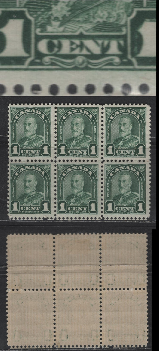 Lot 3 (C) Canada SC#163ii 1c Deep Green King George V, 1930-1931 Arch/Leaf Issue, A FOG Block Of 6, Re-Entry Bottom Center