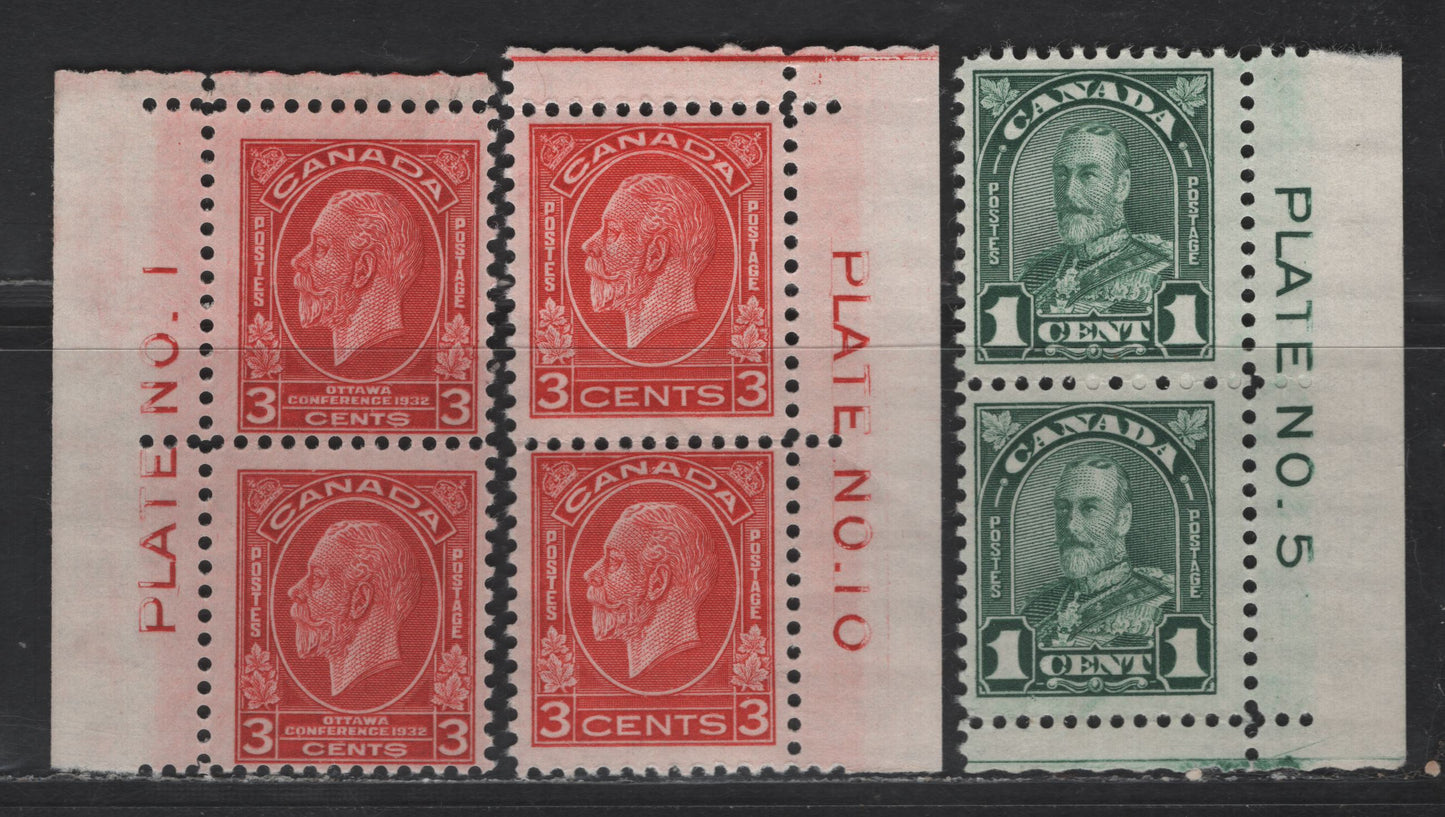 Lot 4 (C) Canada SC#163, 192 1c - 3c Deep Green - Deep Red King George V , 1930-1932 Arch/Leaf - Imperial Economic Conference Issues, 3 F/VFOG Vertical Plate Pairs, Plates 1, 5 & 10