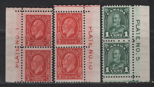 Lot 4 (C) Canada SC#163, 192 1c - 3c Deep Green - Deep Red King George V , 1930-1932 Arch/Leaf - Imperial Economic Conference Issues, 3 F/VFOG Vertical Plate Pairs, Plates 1, 5 & 10