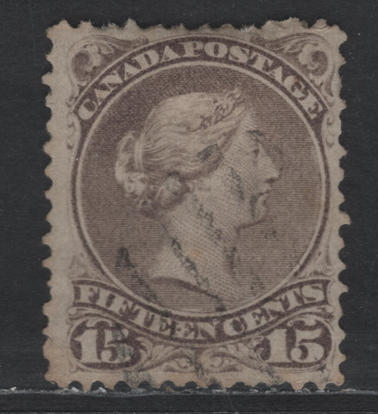 Lot 41 Canada SC#29a 15c Grayish Purple Queen Victoria, 1868-1876 Large Queen Issue, A Very Good Used Single, Paper MM-X, Perf 11.75x12, Fine Centering, But Several Short Perfs & Few Tone Spots