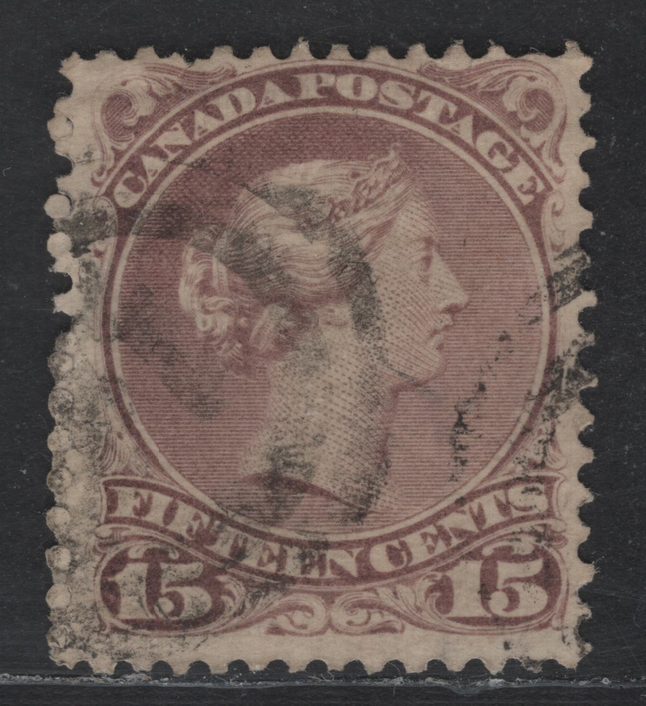 Lot 42 Canada SC#29b 15c Red Lialc Queen Victoria, 1868-1876 Large Queen Issue, A Good Used Single, Paper FO-Q, #14 2 Ring Numeral Cancel For Guelph, Two Ring Tears At Top Through Scroll Above N Of Canada & TA of Postage