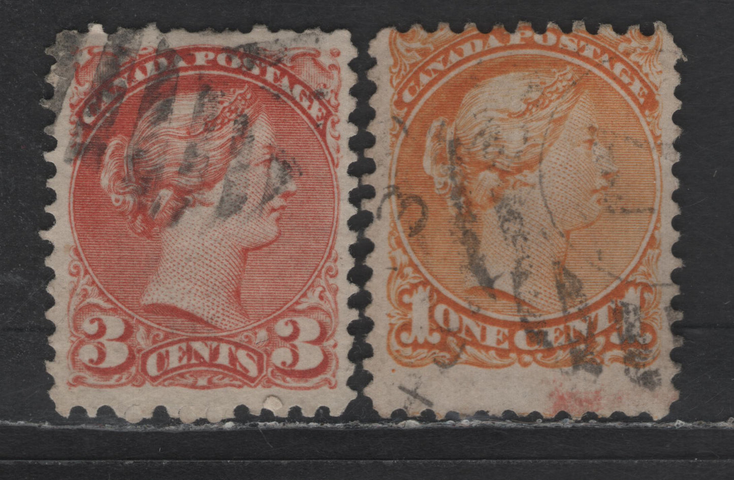 Lot 43 Canada SC#35ii, 37iii 1c & 3c Deep Yellow & Dull Orange Red Queen Victoria, 1870-1893 Small Queen Issue, 2 Very Good/Fine Used Singles, Papers MM-D & MM-B, Perfs 11.75x12