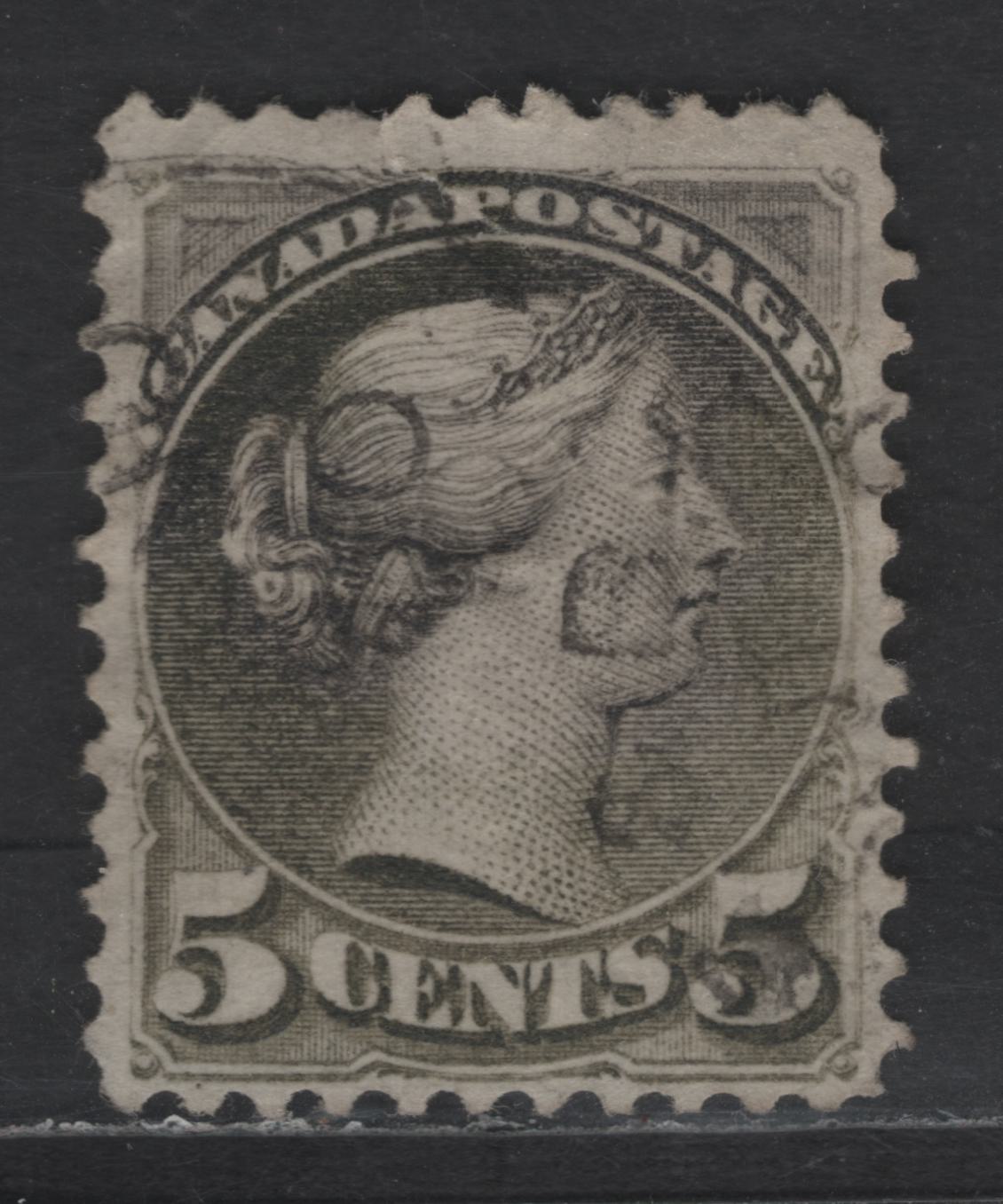 Lot 45A Canada SC#38 5c Slate Green Queen Victoria, 1870-1893 Small Queen Issue, A Very Good Used Single, Mid Montreal Printing, Paper MM-I, Pos. Dot At Lower Left, Large Tear At Top Through 'P' of Postage