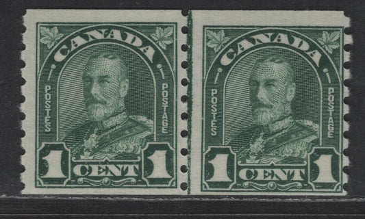Lot 5 (C) Canada SC#179i 1c Deep Green King George V , 1930-1931 Arch/Leaf Coil Issue, A F/VFNH Coil Line Pair, BABN Printing
