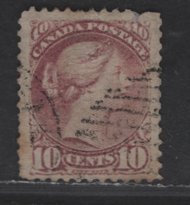 Lot 50 Canada SC#40 10c Dull Rose Lilac Queen Victoria, 1870-1893 Small Queen Issue, A Very Good Used Single, Mid Montreal Printing, Paper MM-U, Perf 12, Pulled Perf At Top, Short Perfs At LL & Some Tone Spots