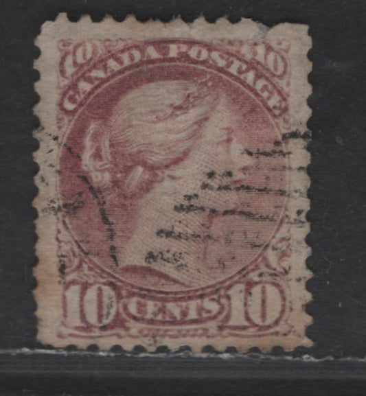 Lot 50 Canada SC#40 10c Dull Rose Lilac Queen Victoria, 1870-1893 Small Queen Issue, A Very Good Used Single, Mid Montreal Printing, Paper MM-U, Perf 12, Pulled Perf At Top, Short Perfs At LL & Some Tone Spots