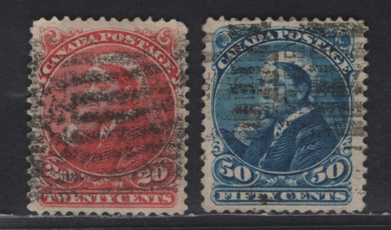 Lot 57 Canada SC#46-47 20c - 50c Vermillion & Blue Queen Victoria, 1888-1897 Small Queen Issue, 2 Very Good Used Singles, 2nd Ottawa Printing, Papers 2O-J & 2O-H
