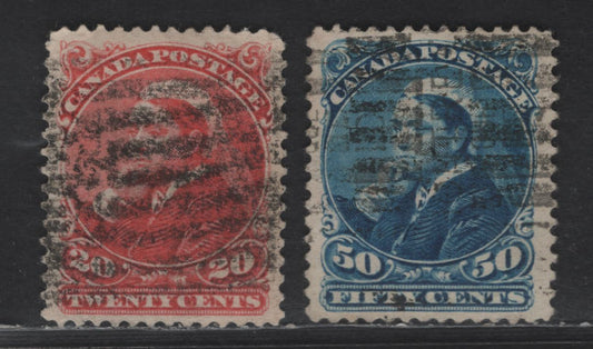Lot 57 Canada SC#46-47 20c - 50c Vermillion & Blue Queen Victoria, 1888-1897 Small Queen Issue, 2 Very Good Used Singles, 2nd Ottawa Printing, Papers 2O-J & 2O-H