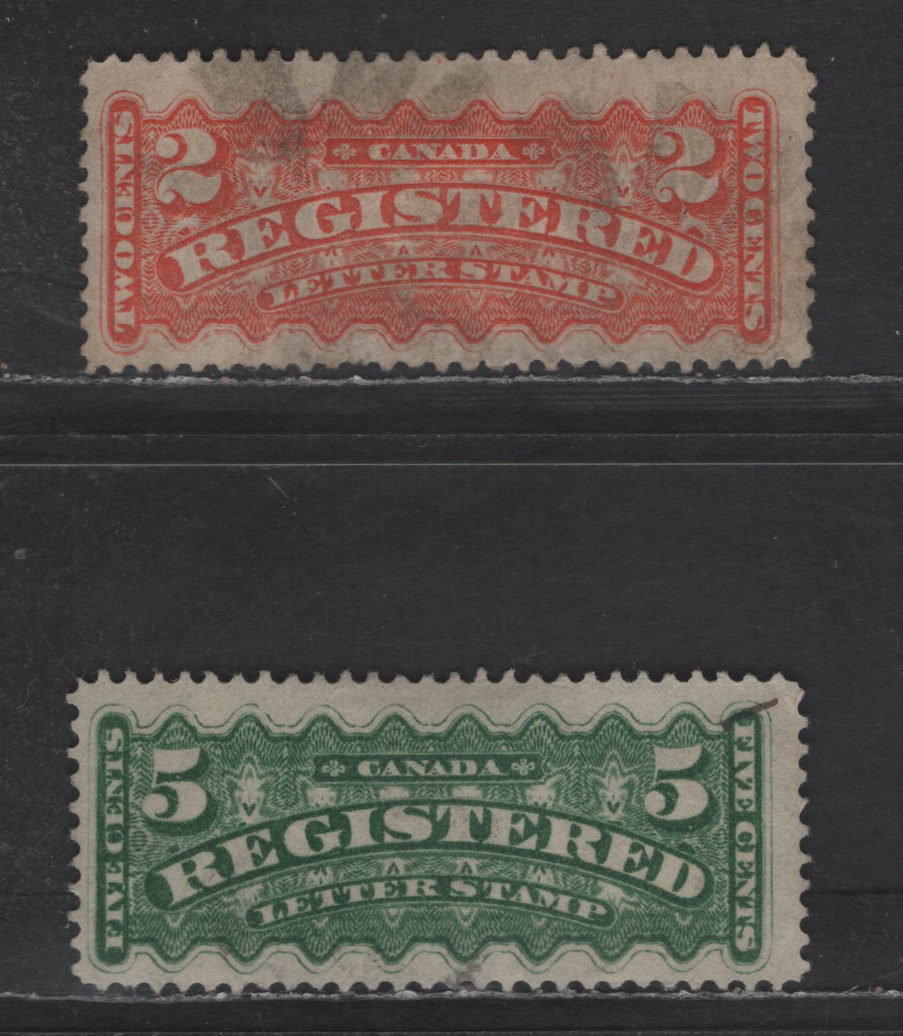 Lot 58 Canada SC#F1, F2i 2c - 5c Orange - Green Registered, 1875-1896 Registration Issue, 2 Very Good/Fine Used Singles, Mid Montral & Second Ottawa Printings, Papers MM-X & 2O-G, Perf 12