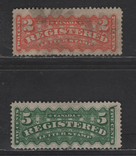 Lot 58 Canada SC#F1, F2i 2c - 5c Orange - Green Registered, 1875-1896 Registration Issue, 2 Very Good/Fine Used Singles, Mid Montral & Second Ottawa Printings, Papers MM-X & 2O-G, Perf 12