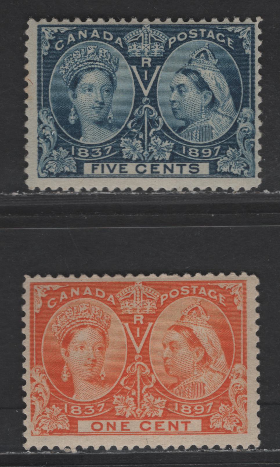 Lot 60 Canada SC#51i, 54 1c & 5c Yellow Orange - Deep Blue Queen Victoria, 1897 Diamond Jubilee Issue, 2 FOG Singles