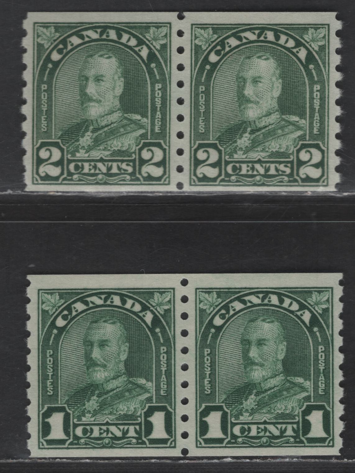 Lot 6 (C) Canada SC#179-180 1c - 2c Deep Green King George V , 1930-1931 Arch/Leaf Coil Issue, 2 F/VFNH Coil Pairs