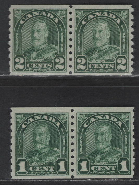 Lot 6 (C) Canada SC#179-180 1c - 2c Deep Green King George V , 1930-1931 Arch/Leaf Coil Issue, 2 F/VFNH Coil Pairs