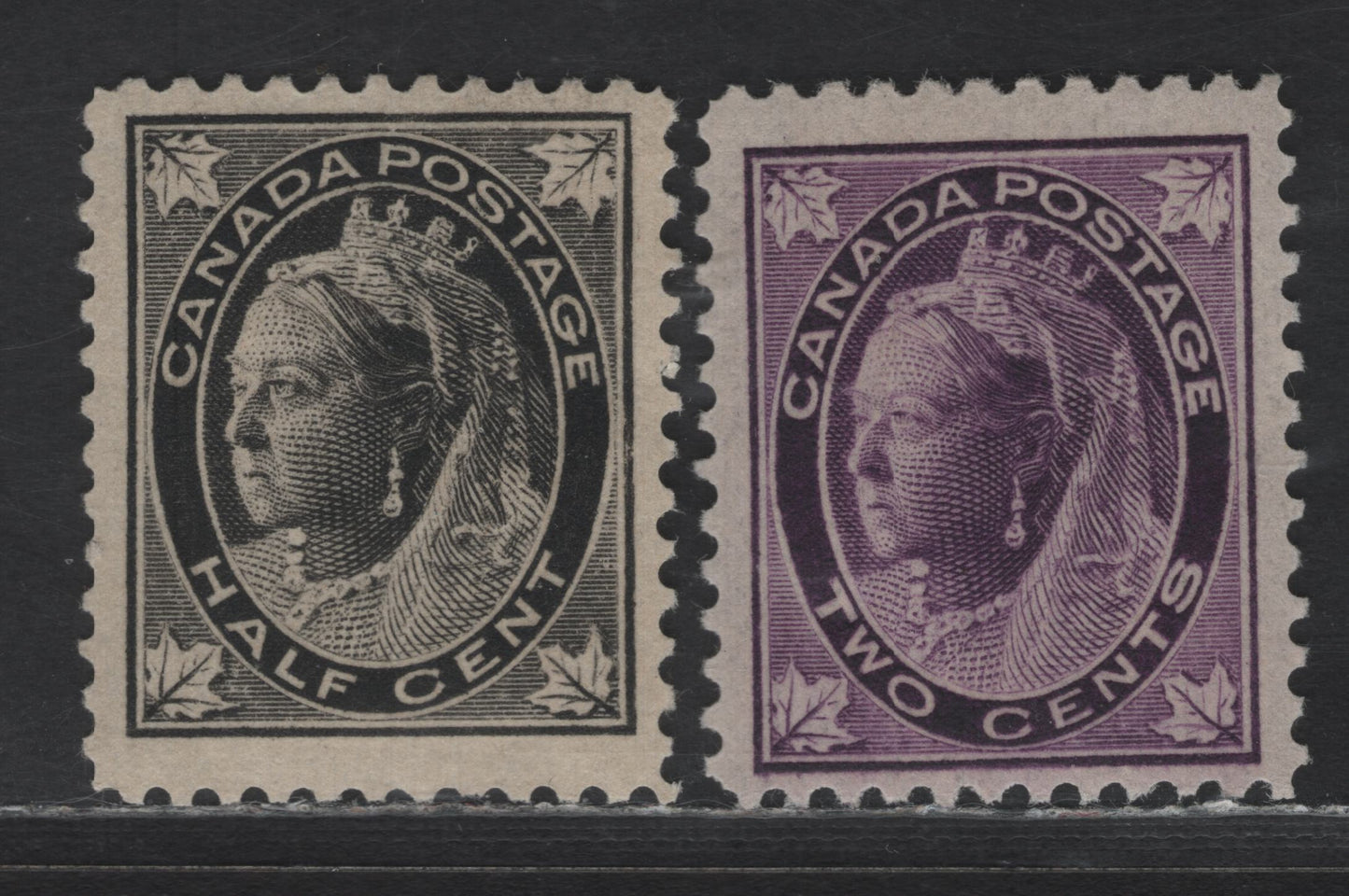 Lot 66 Canada SC#66, 68 1/2c - 2c Black - Purple Queen Victoria, 1897-1898 Maple Leaf Issue, 2 FOG Singles, Thicker Vertical Wove & Thinner Vertical Wove Papers