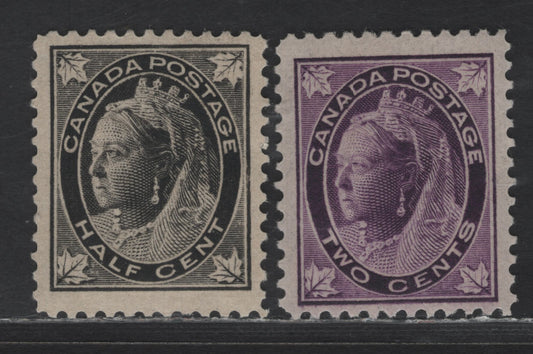 Lot 66 Canada SC#66, 68 1/2c - 2c Black - Purple Queen Victoria, 1897-1898 Maple Leaf Issue, 2 FOG Singles, Thicker Vertical Wove & Thinner Vertical Wove Papers