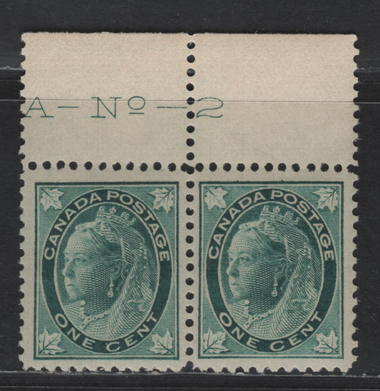 Lot 67 Canada SC#67 1c Blue Green Queen Victoria, 1897-1898 Maple Leaf Issue, A VFNH Pair, Plate 2, Vertical Wove Paper, Small Gum Disturbace In Selvedge