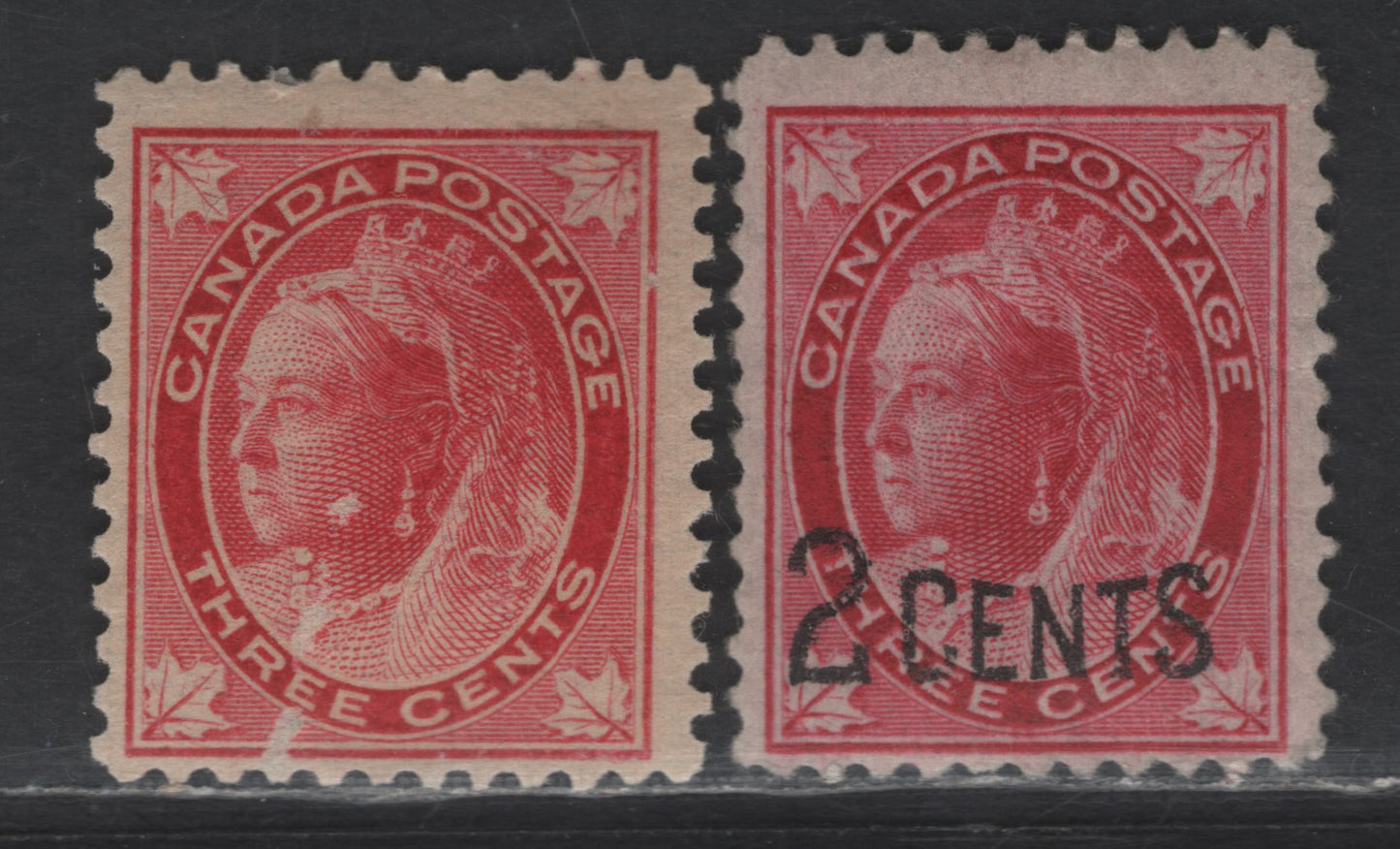 Lot 70 Canada SC#69. 87 3c - 2c on 3c Carmine Red - Carmine Queen Victoria, 1897-1898 Maple Leaf Issue, 2 VG/FOG Singles, Horizontal & Vertical Wove Paper, 3c Carmine Red Has A Surface Thin