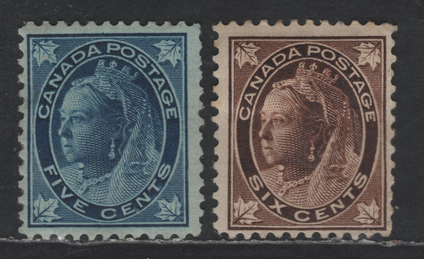 Lot 71 Canada SC#70-71 5c - 6c Dark Blue on Bluish - Brown Queen Victoria, 1897-1899 Maple Leaf & Provisional Issues, 2 FOG Singles, Horizontal & Vertical Wove Papers