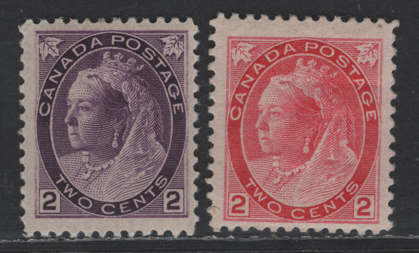 Lot 79 Canada SC#76-77 2c Purple Queen Victoria, 1898-1902 Numeral Issue, 2 FOG Singles, Purple on Vertical Wove Paper, Rose Carmine On Horizontal Wove Paper, Die 1