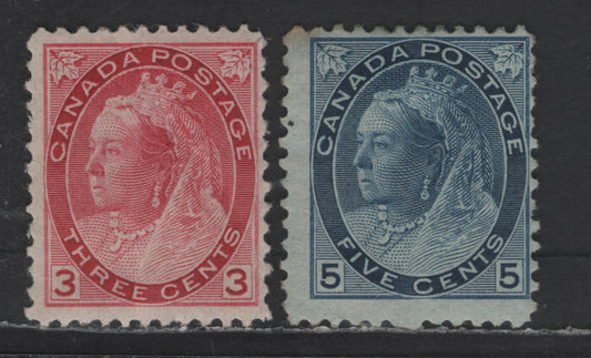 Lot 80 Canada SC#78, 79b 3c - 5c Carmine -Blue on Lighter Blue Queen Victoria, 1898-1902 Numeral Issue, 2 VG/FOG Singles, 3c On Vertical Wove Paper, 5c On Lighter Blue Horizontal Wove (Whiter Paper), Also Has A Light Diagonal Gum Crease