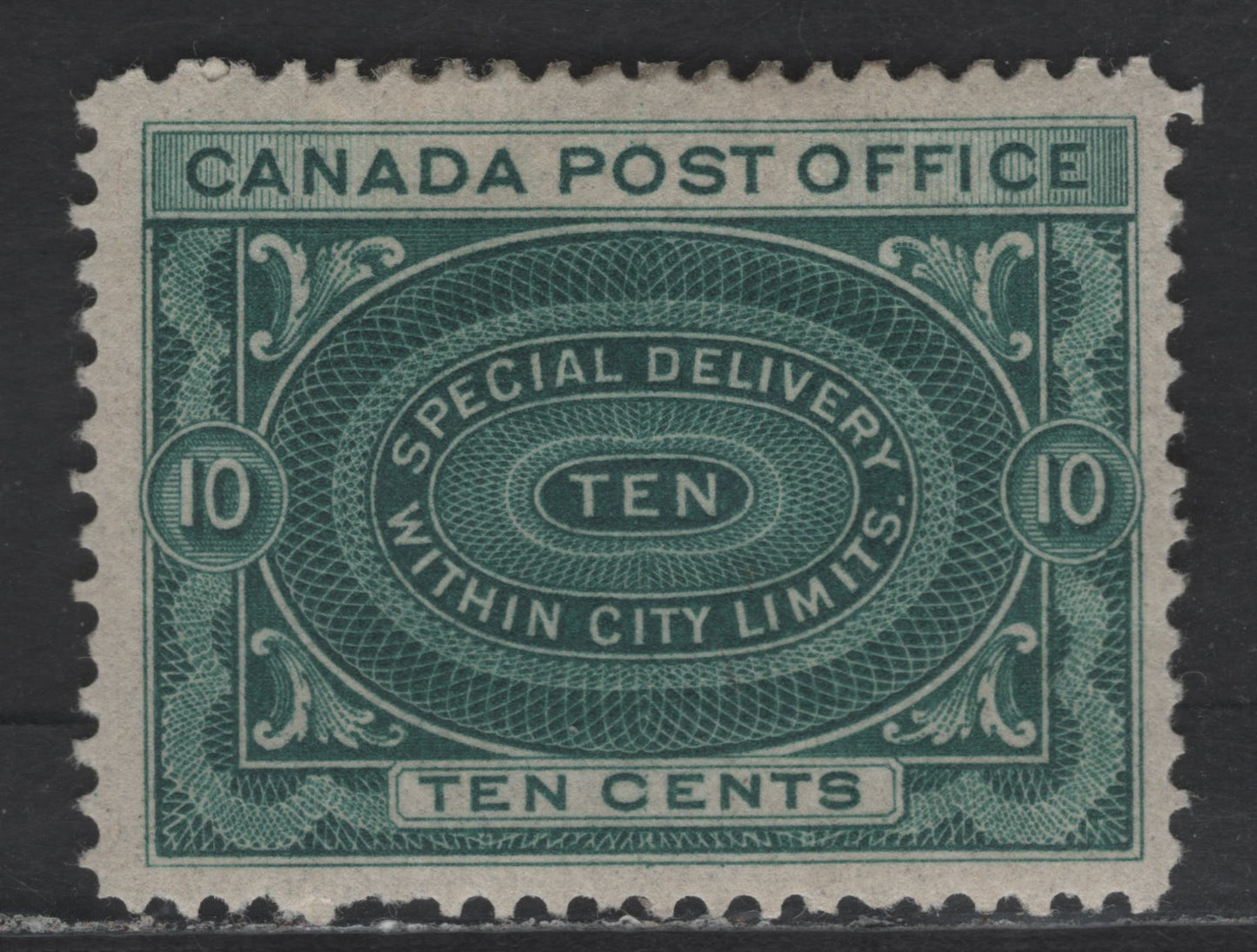 Lot 82 Canada SC#E1 10c Blue Green Design, 1898 Special Delivery Issue, A FOG Single, Vertical Wove Paper