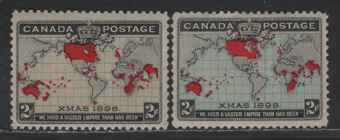 Lot 83 Canada SC#85i, 86 2c Gray/Blue, Black & Carmine Mercator's Projection, 1898 Imperial Penny Postage Issue, 2 FOG Singles, The Blue Shade Is VF Centered, But Has A Shallow Hinge Thin
