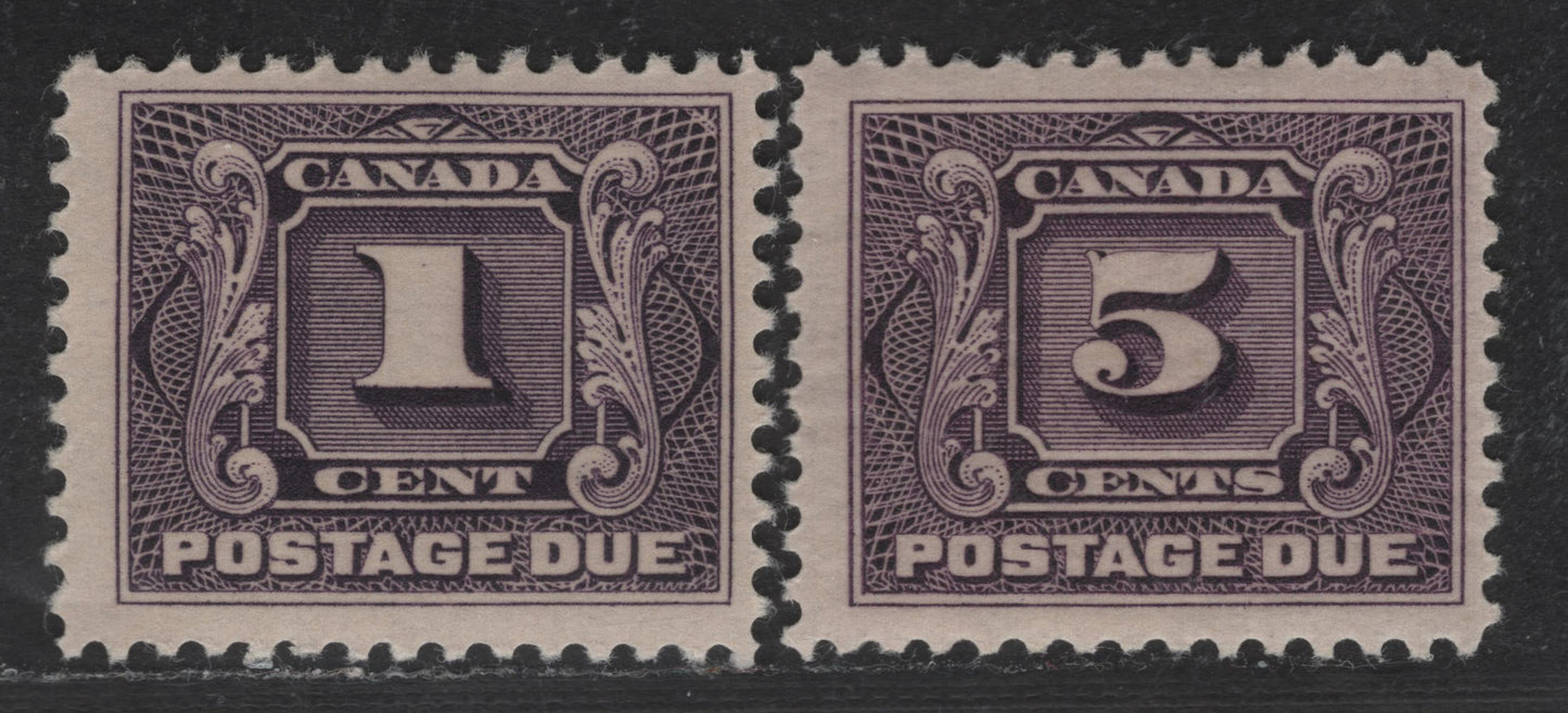 Lot 91 Canada SC#J1c, J4c 1c & 5c Deep Rose Lilac Numeral, 1906-1928 First Postage Due Issue, 2 FNH Singles, Dry Printings - 1928
