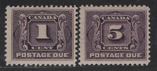 Lot 91 Canada SC#J1c, J4c 1c & 5c Deep Rose Lilac Numeral, 1906-1928 First Postage Due Issue, 2 FNH Singles, Dry Printings - 1928