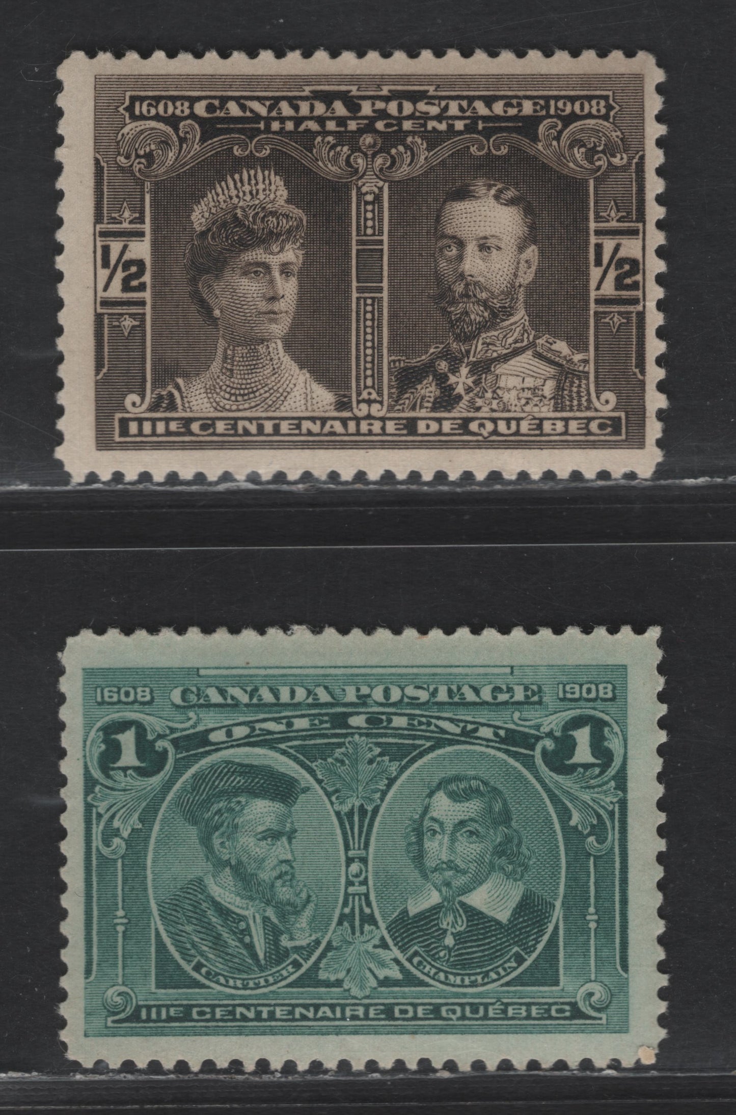 Lot 94 Canada SC#96-97 1/2c - 1c Black Brown - Dull Blue Green Prince & Princess of Wales, 1908 Quebec Tercentenary Issue, 2 FOG Singles