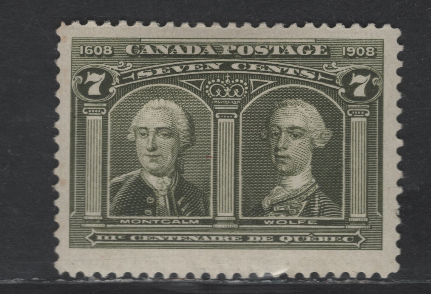Lot 97 Canada SC#100 7c Olive Green Montcalm & Wolfe, 1908 Quebec Tercentenary Issue, A VFOG Single