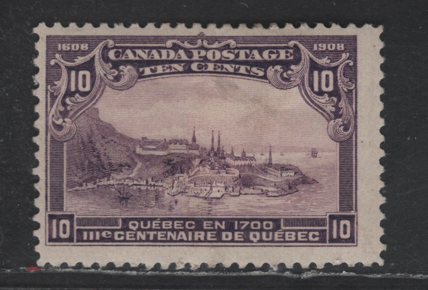 Lot 98 Canada SC#101 10c Violet Quebec in 1700, 1908 Quebec Tercentenary Issue, A VGOG Single, Some Buckling From Hinge Remnant