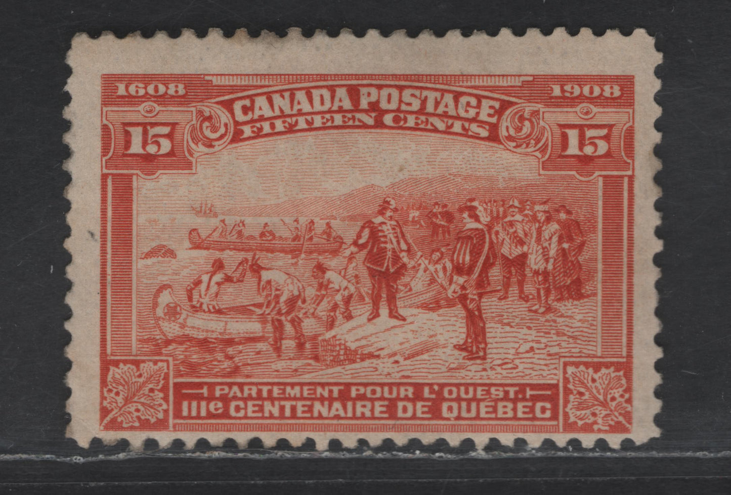 Lot 99 Canada SC#102 15c Orange Champlains Departure, 1908 Quebec Tercentenary Issue, A FOG Single, Sweated Gum