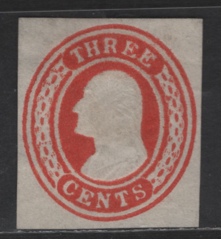 Lot 1 United States SC#U9 3c Red Washington, 1853-1855 Nesbitt Issue, A Fine Unused Single, White Paper, Label With Curved Ends, 14.5mm Wide At Top, White Curved Lines Missing On Both Ends