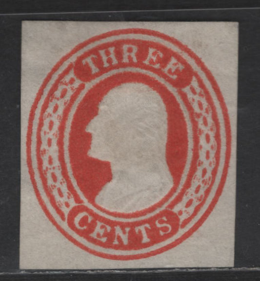 Lot 1 United States SC#U9 3c Red Washington, 1853-1855 Nesbitt Issue, A Fine Unused Single, White Paper, Label With Curved Ends, 14.5mm Wide At Top, White Curved Lines Missing On Both Ends