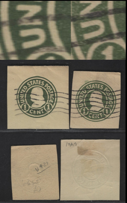 Lot 101 United States SC#U421-a 1c Gray Green Franklin, 1915-1932 Heads Issue,  Fine/Very Fine Used Singles, Amber Dies 1 & 2, Showing Normal 'U' and Large 'U' in United