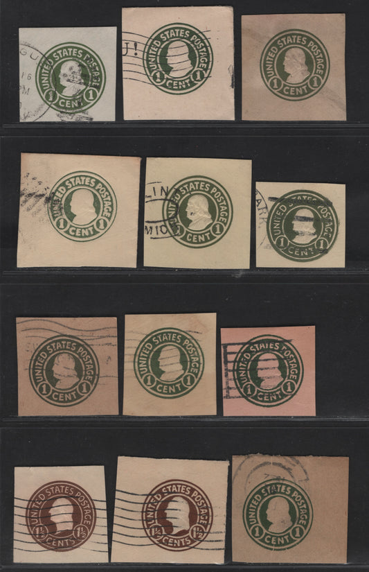 Lot 104 United States SC#U420, U421,b,d, U422, U4242, U428, U425, U481a, U484 1c - 1.5c Green - Brown Franklin, 1915-1934 Heads Issue,  Fine/Very Fine Used Singles, Various Papers & Dies