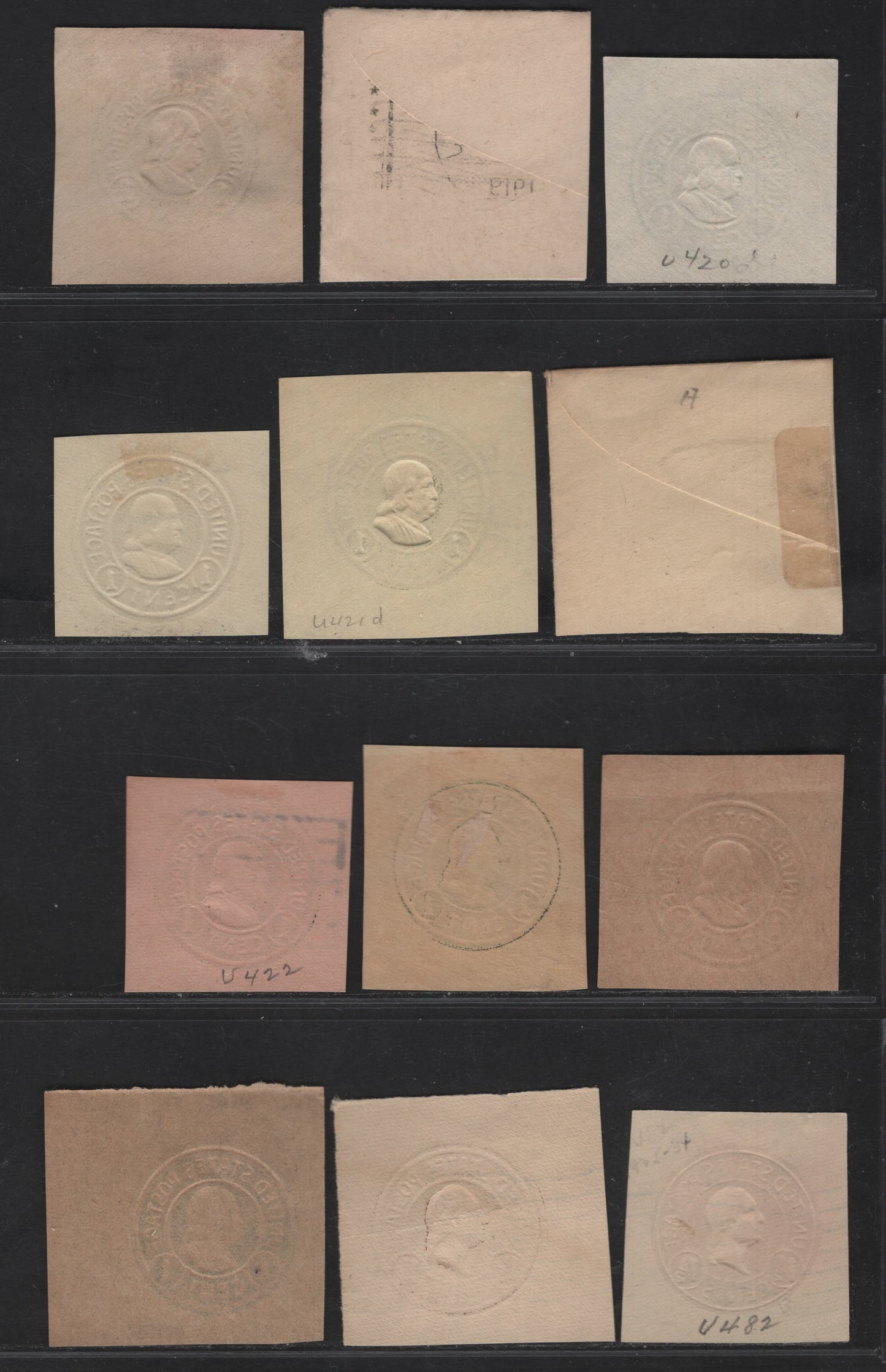 United States SC#U420, U421,b,d, U422, U4242, U428, U425, U481a, U484 1c - 1.5c Green - Brown Franklin, 1915-1934 Heads Issue,  Fine/Very Fine Used Singles, Various Papers & Dies