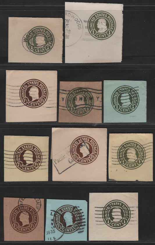 Lot 105 United States SC#U420-U421, U423, W425, U481-U483, W485 1c - 1.5c Green - Brown Franklin, 1915-1934 Heads Issue,  Very Fine Used Singles, Various Papers & Dies