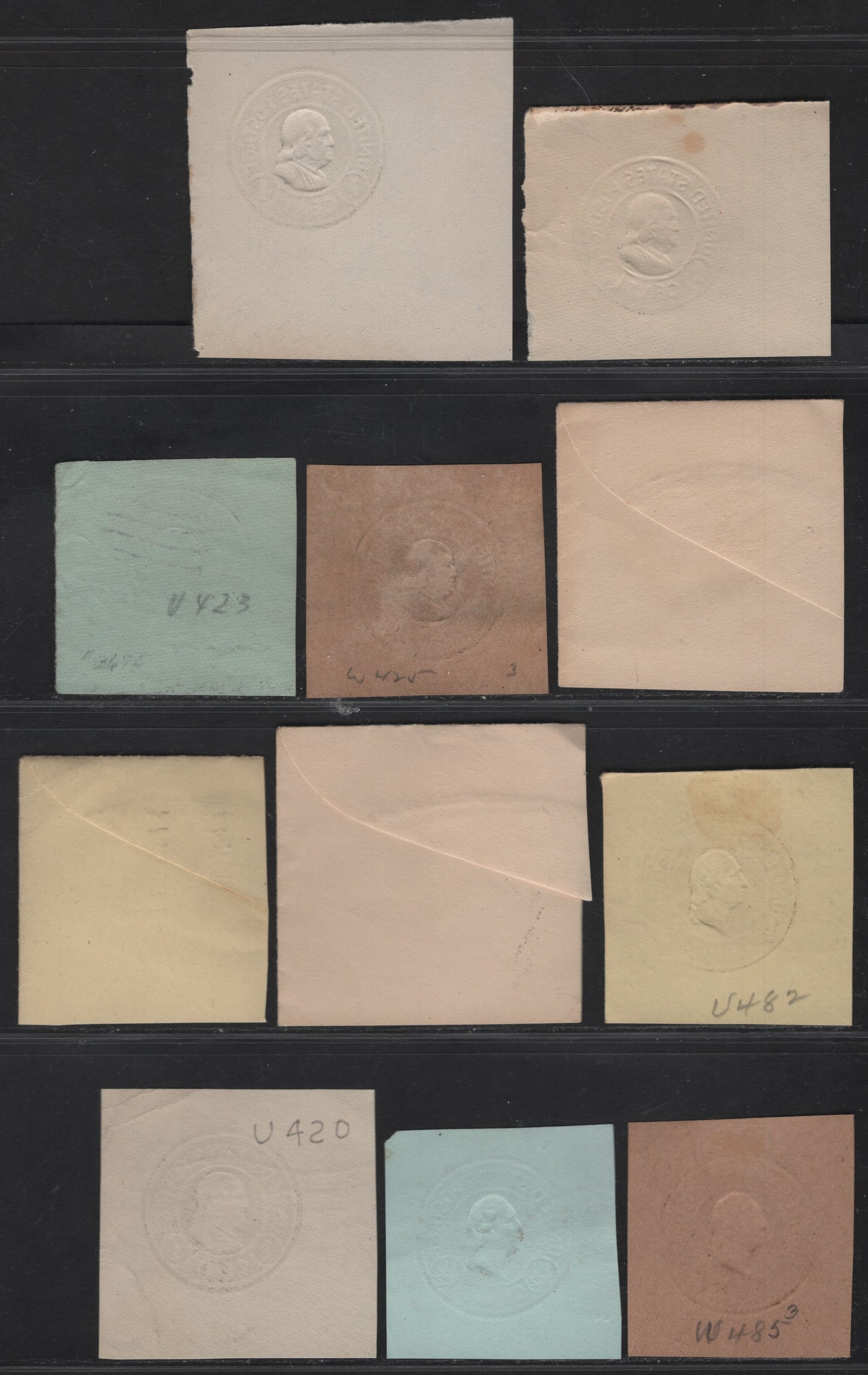 Lot 105 United States SC#U420-U421, U423, W425, U481-U483, W485 1c - 1.5c Green - Brown Franklin, 1915-1934 Heads Issue,  Very Fine Used Singles, Various Papers & Dies