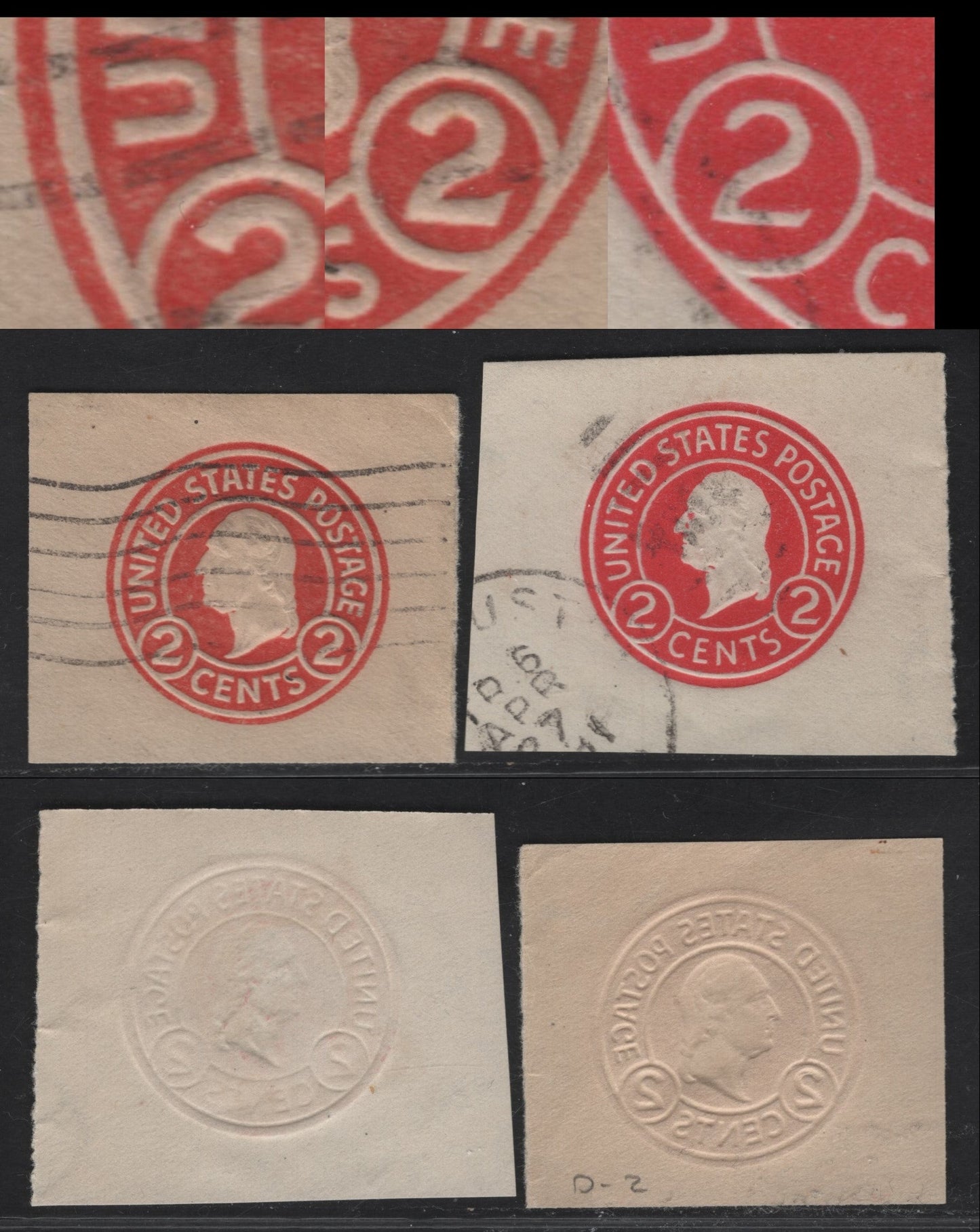 Lot 110 United States SC#U429a-b 2c Carmine & Carmine Rose Washington, 1915-1932 Heads Issue,  Very Fine Used Singles, Die 2 & Die 3 On White, U Far From Left Circle & Thin Circles
