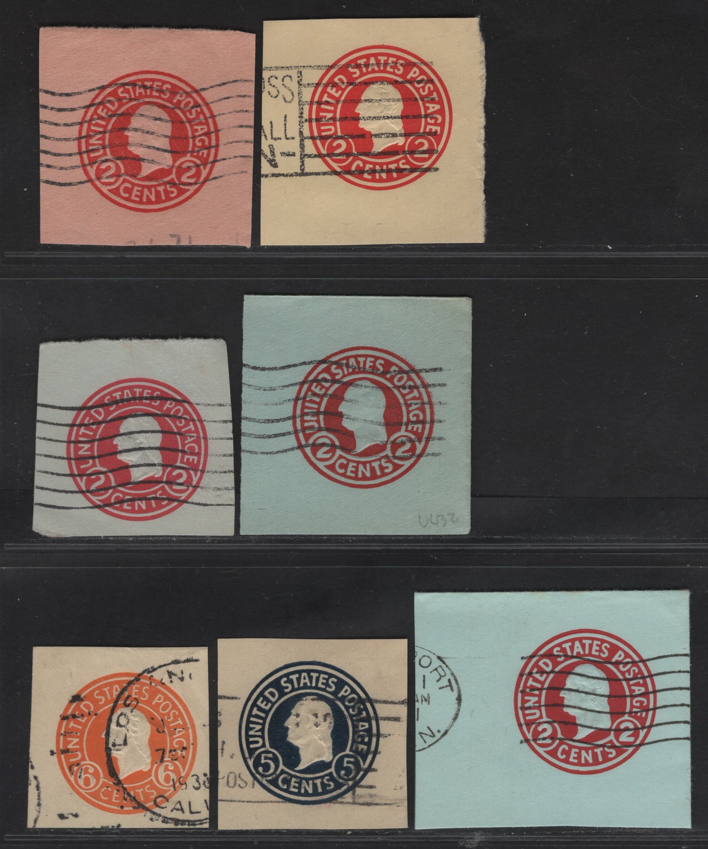 Lot 113 United States SC#U430g, U431c, U432e, U432f,I, U444, U530 2c - 6c Carmine - Orange Washington, 1915-1932 Heads Issue,  Fine/Very Fine Used Singles, Various Papers & Dies
